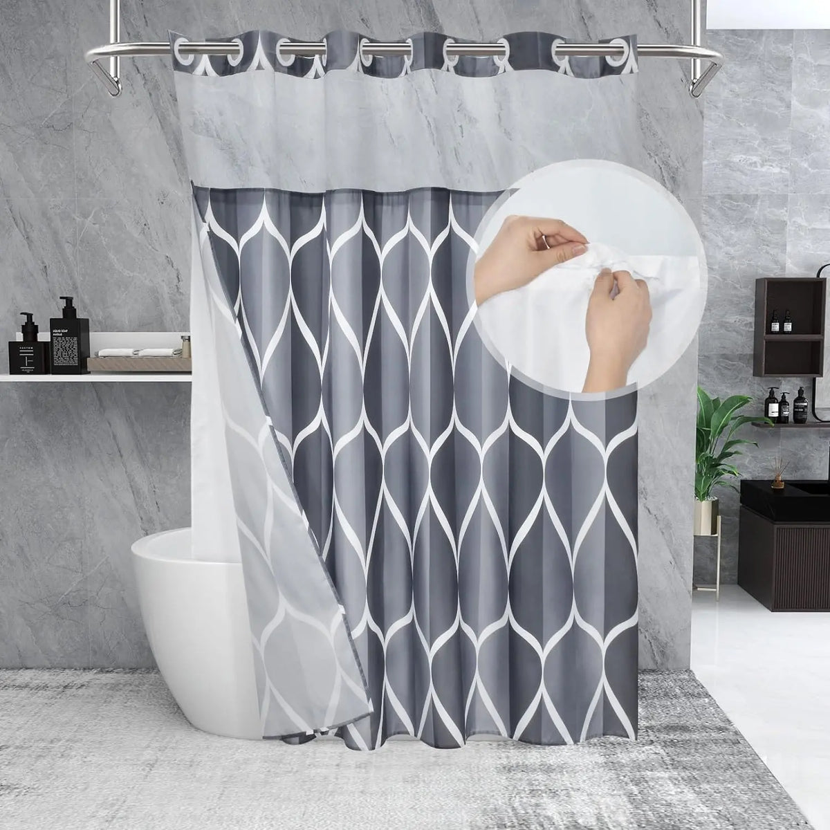 Double-Layer Waterproof Printed Machine Washable Shower Curtain, 1-Count Modern Geometric Bathroom Curtain with Removable Inner Lining, Shower Curtain Liner, Bathroom Decor Supplies, Home Goods, Bathroom Curtains Shower