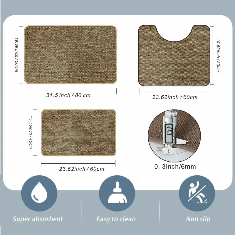 3-Piece Set, Linen-Texture Bathroom Mat, 0.3 in Thickness,Absorbent Quick-Dry Foot Mat, Rubber Anti-Slip Bottom, Home Decor, Premium Faux Linen Door Mat, Suitable For Kitchen, Bathroom, Sink, Toilet Mat, Bedroom, Living Room, Guesthouse, Hotel, Etc. outdo