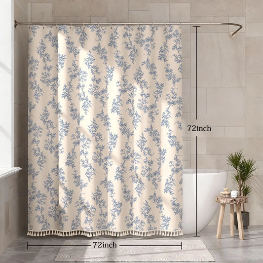 Dakimoe Floral Plant Shower Curtain Set with Tassels & Hooks - Heavy-Duty Faux Cotton Linen, Plastic Washable, Cottagecore Boho Vintage Rustic Home Bathroom Accessory for Whimsical Home Decor