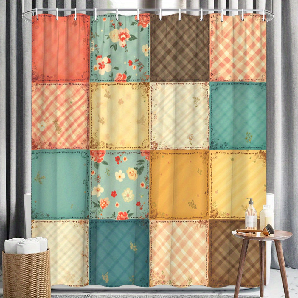 1pc Patchwork Shower Curtain with 16 Square Patches - Floral Plaid And Striped Designs, Durable Polyester Fabric, Machine Washable, 70.8X70.8 Inch Bathroom Decor with 12 Hooks, Shower Curtain for Bathrooms, Easy Maintenance, Home Decoration, Modern