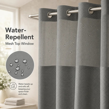 Hookless Waffle-Weave Shower Curtain Set, 72x75 in, with Washable White Fabric Liner (Snap Closures, Mesh Top), Waterproof Hotel-Style Bathroom Accessory for Home/Salon, Home Decor Supplies, Shower Curtains, Hookless Shower Curtain
