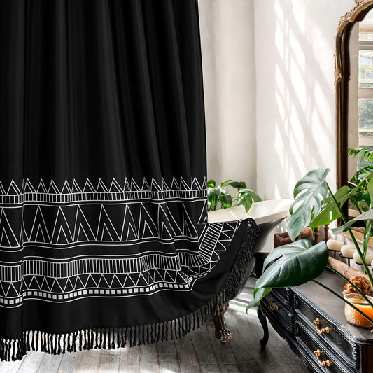 1pc Black Fabric Boho Shower Curtain Set with Hooks, Modern Farmhouse Shower Curtains for Country Bathroom Decor, Abstract Tribal Geometric Shower Curtain, 72"W X 72"H