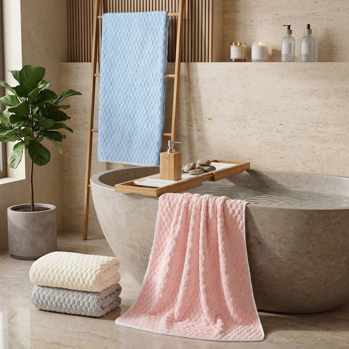 GARVEE Unisex 4-Pack Waffle Weave Shower Bath Towel Set - 27.6"x55.1" Extra Large, Quick-Dry, Soft, Absorbent, Lightweight - Ideal for Bathroom, Gym - Pink, White, Blue, Gray