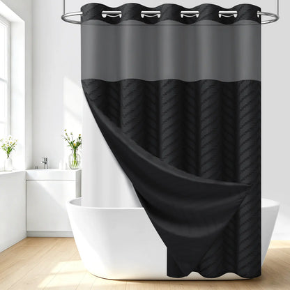 DYNAMENE 3-in-1 Hook-Free Boho Tufted Chevron Striped Shower Curtain Set, Snap-In Magnetic Waterproof Liner, Modern Textured Design, Sheer Light View Window - Hook-Free Setup Saves Bathroom Time, Waterproof Liner Helps Keep Walls Dry