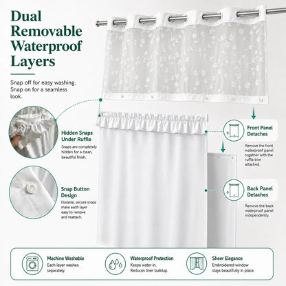 White Hookless Ruffle Shower Curtain with Dual Removable Waterproof Layers, Embroidered Sheer Top, White Plastic Split Rings, Snap-On Washable Bathroom Curtain，71*74inch