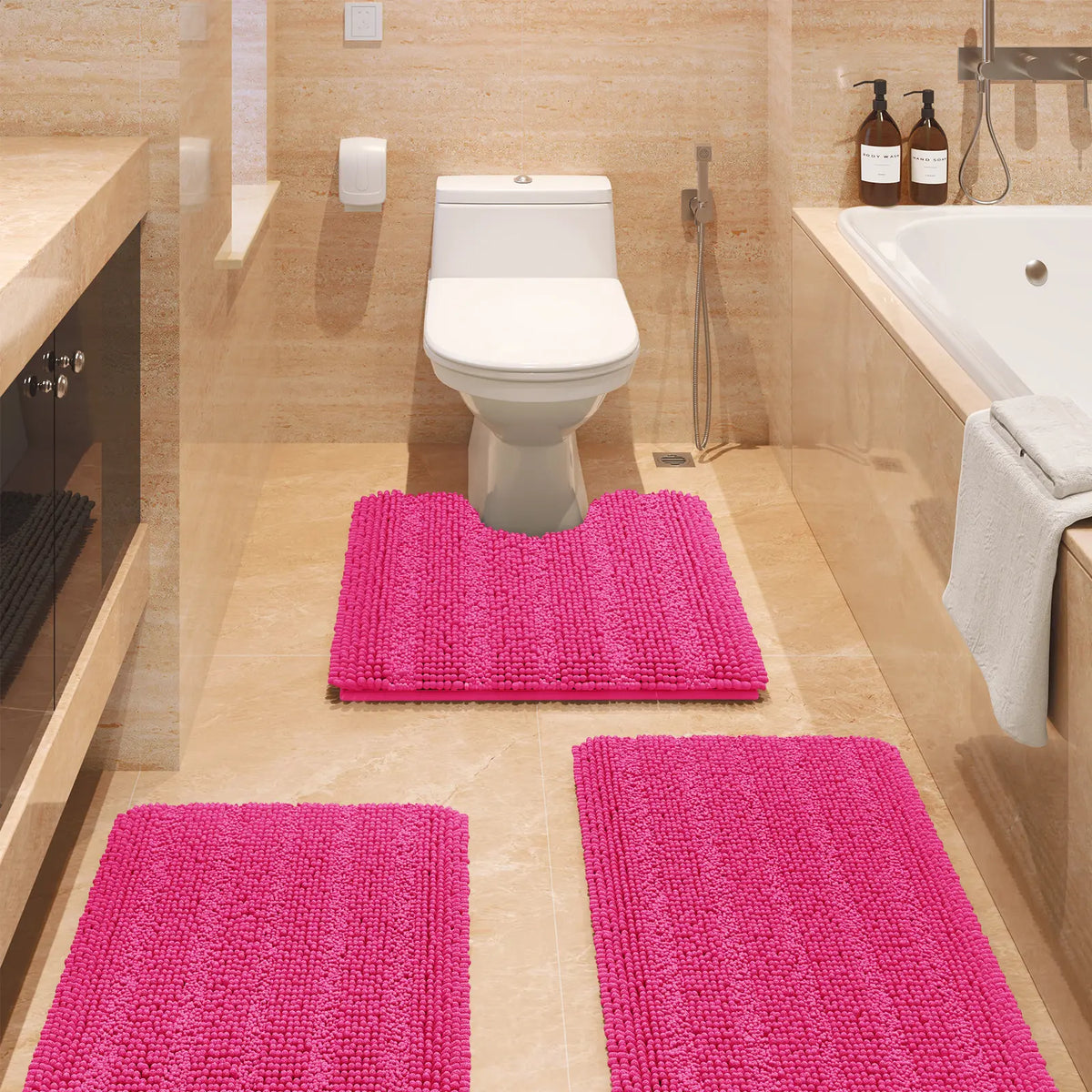 ACCUMTEK Striped Bathroom Rug Set Ultra Soft, Non Slip Chenille Toilet Mat, Absorbent Plush Shaggy Bath Mats for Bathroom, Bedroom, Kitchen