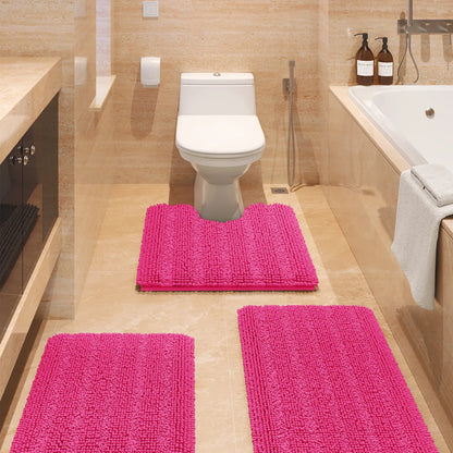 ACCUMTEK Striped Bathroom Rug Set Ultra Soft, Non Slip Chenille Toilet Mat, Absorbent Plush Shaggy Bath Mats for Bathroom, Bedroom, Kitchen