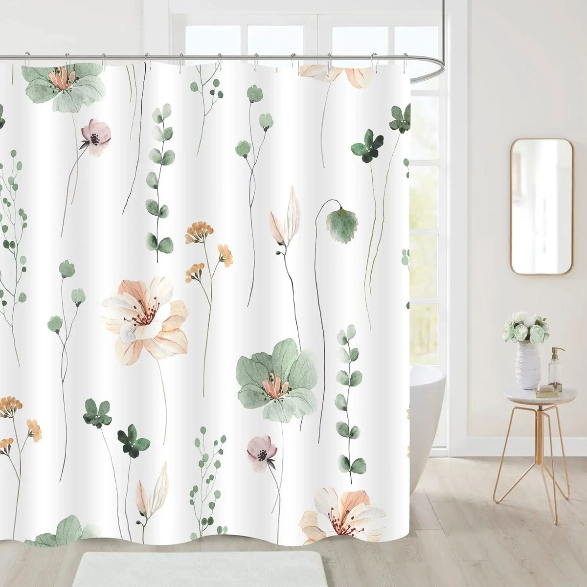 Modern Sage Green and Beige Floral Shower Curtain with Included Hooks