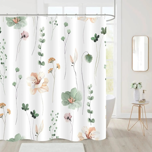 Modern Sage Green and Beige Floral Shower Curtain with Included Hooks