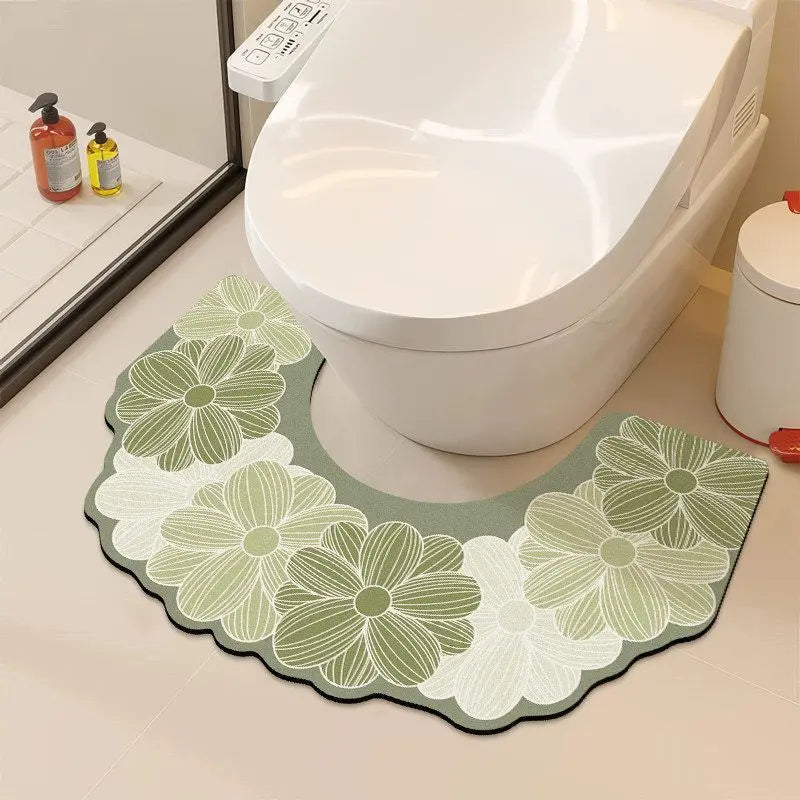 Floral U Shaped Toilet Mat, Diatomaceous Earth Bath Mat for Bathroom, Quick Dry Absorbent Floor Rug with Non Slip Backing, Decorative Toilet Floor Mat