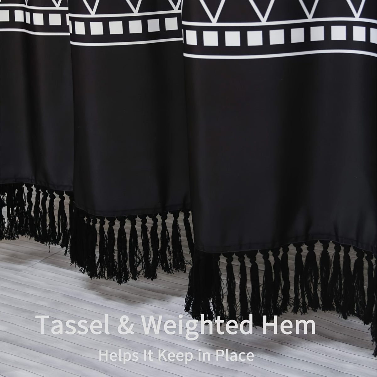 1pc Black Fabric Boho Shower Curtain Set with Hooks, Modern Farmhouse Shower Curtains for Country Bathroom Decor, Abstract Tribal Geometric Shower Curtain, 72"W X 72"H