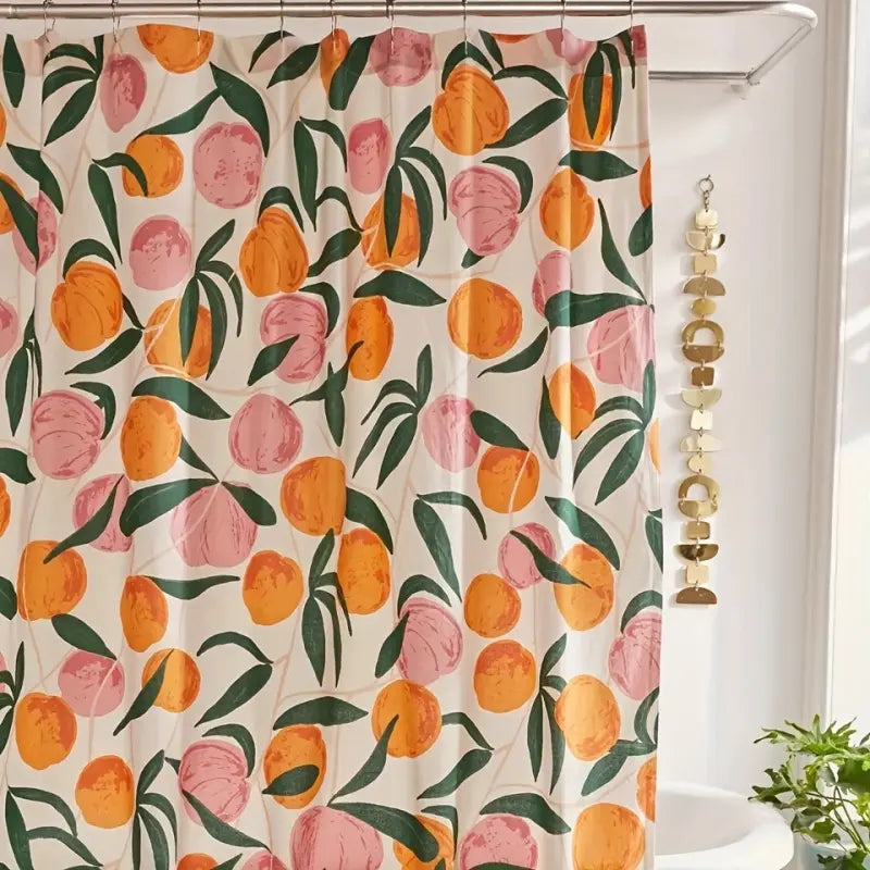 Peach & Orange Fruit Print Shower Curtain Cute with Hooks, Boho Summer Bathroom Decor, Summer Shower Curtains for Bathroom, Aesthetic Pretty Decorative Shower Curtain, Waterproof & Washable, 72 x 72 Inch