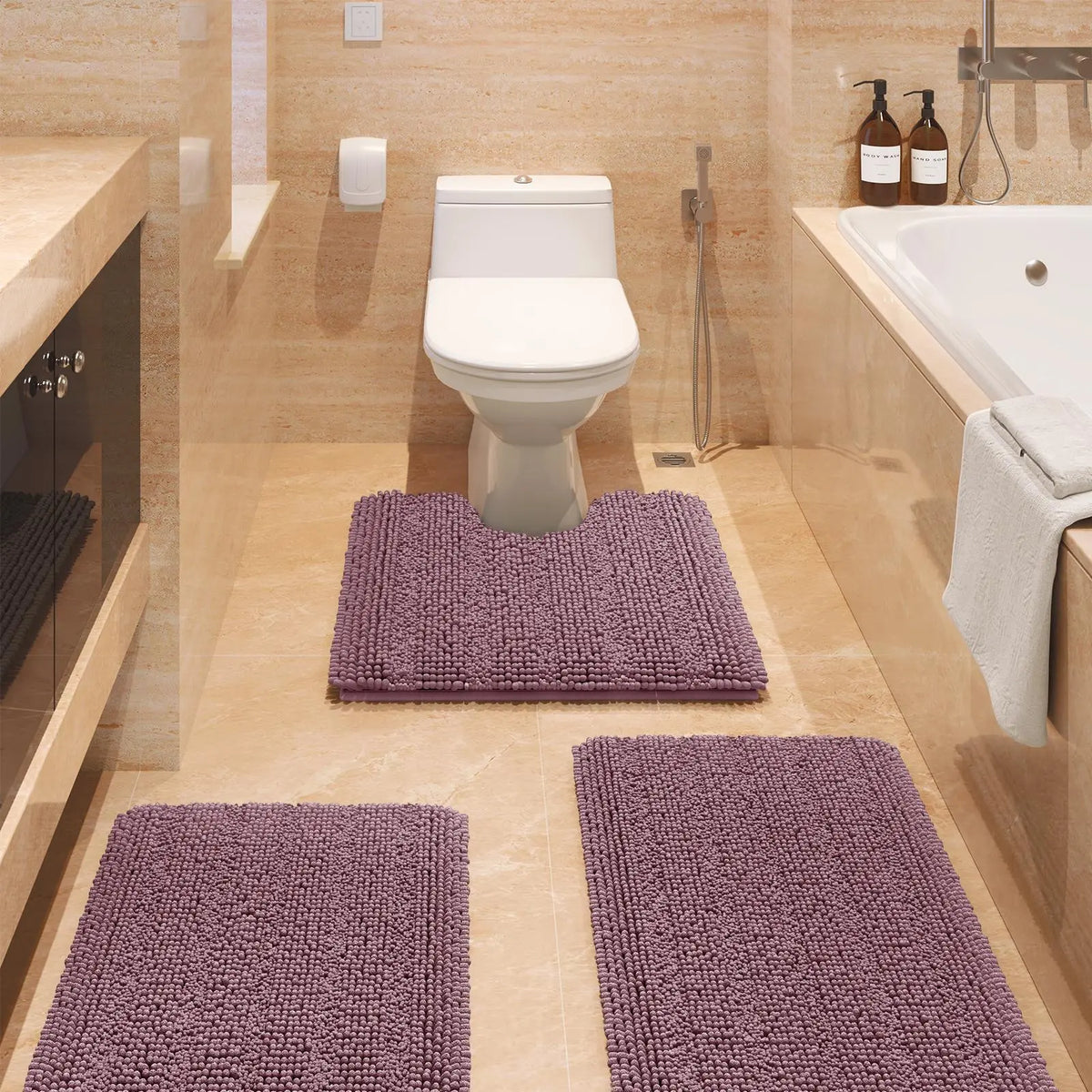 ACCUMTEK 3-Piece Soft Striped Rectangle Chenille Fiber Bathroom Rug Set - Non-Slip, Absorbent, Keeps Floors Dry Plush Shaggy Bath Mats for Bathroom Decor, Home Interior, High Pile