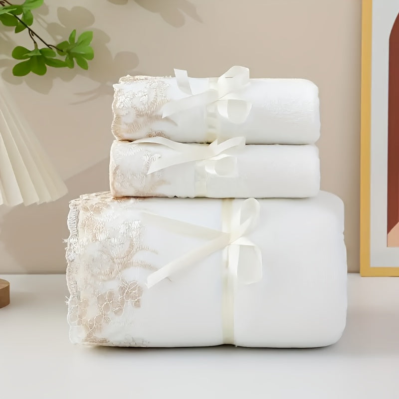 Set of 3 Lace-Embroidered Towels, Including 2 Soft Microfiber Towels And 1 Bath Towel, Perfect for Bathroom Use And Highly Absorbent