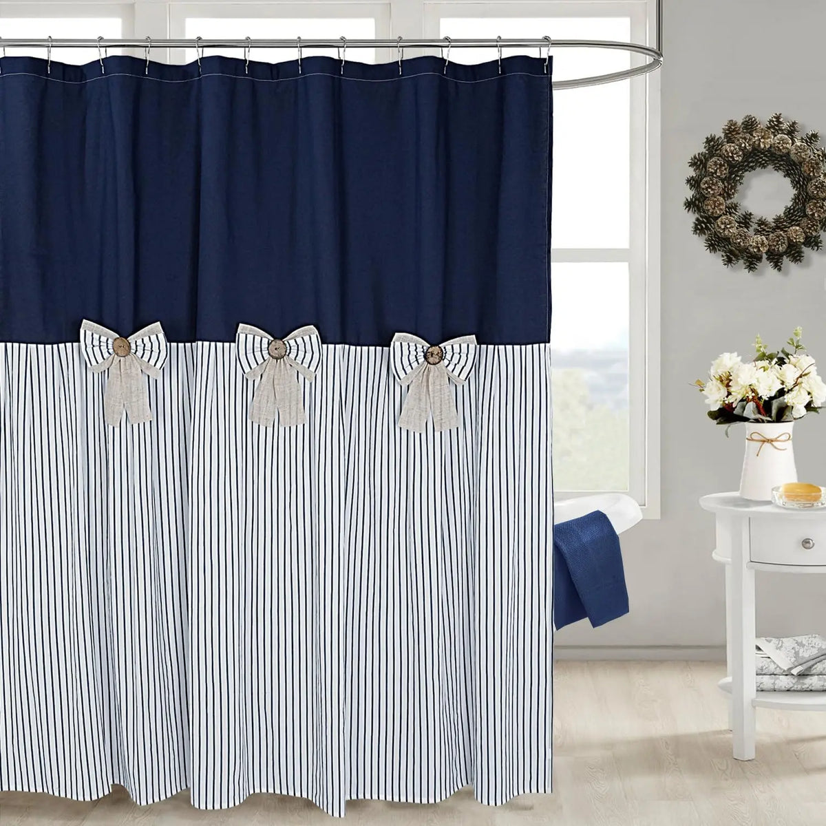 Grey Farmhouse Pleated Stripe Shower Curtain - French Country Ticking Stripe Cotton Blend Fabric, Bowknot Accents, Textural Design, 72w x 78l (Pack of 1), 12 Button Holes, Bathroom Use, Cold Wash, Rustic Decor, Easy Installation