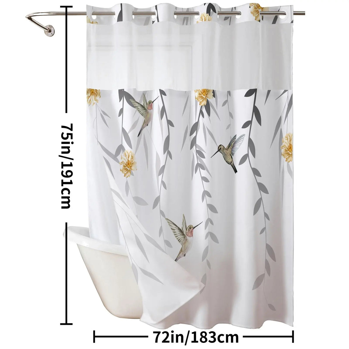 Ink and wash Floral double-layer shower curtain, no hooks, fresh country style home decoration, bathroom accessories, 72x75in