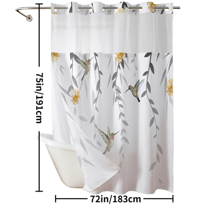 Ink and wash Floral double-layer shower curtain, no hooks, fresh country style home decoration, bathroom accessories, 72x75in
