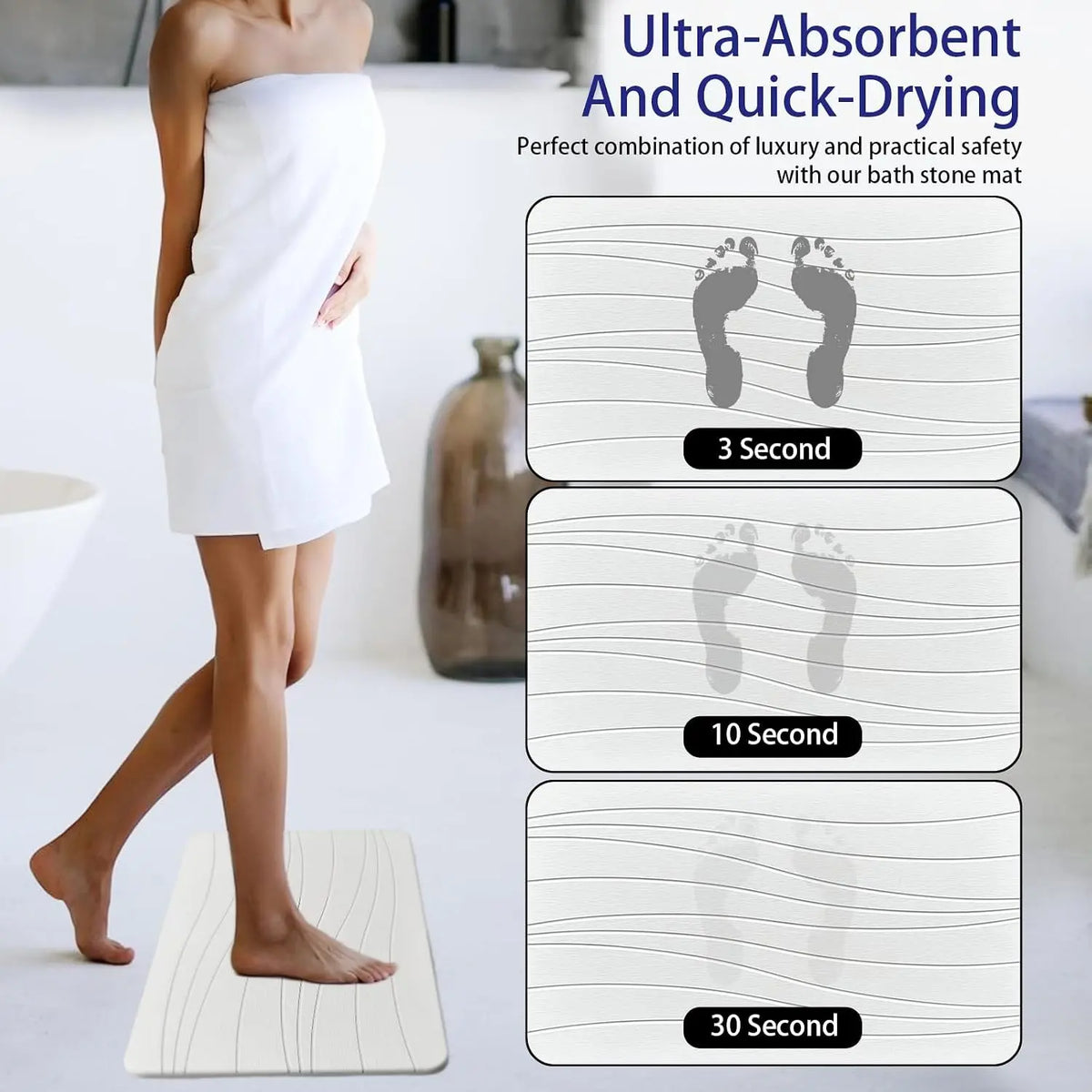 Stone Bath Mat for Bathroom, Diatomaceous Earth Mat - Fast-Drying, Non-Slip, Super Absorbent (23.6"×15.4" White Flow)