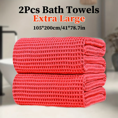 2pcs Extra Large Microfiber Waffle Weave Bath Towels, 105x200cm / 41x78.7in, 350GSM - Soft, Absorbent & Quick-Dry, Solid Color Options for Bathroom, Hotel, Gym & Spa Use, Hotel Bathroom Essentials, Contemporary Towel Design, Quickdry Fabric, Wash Cloths