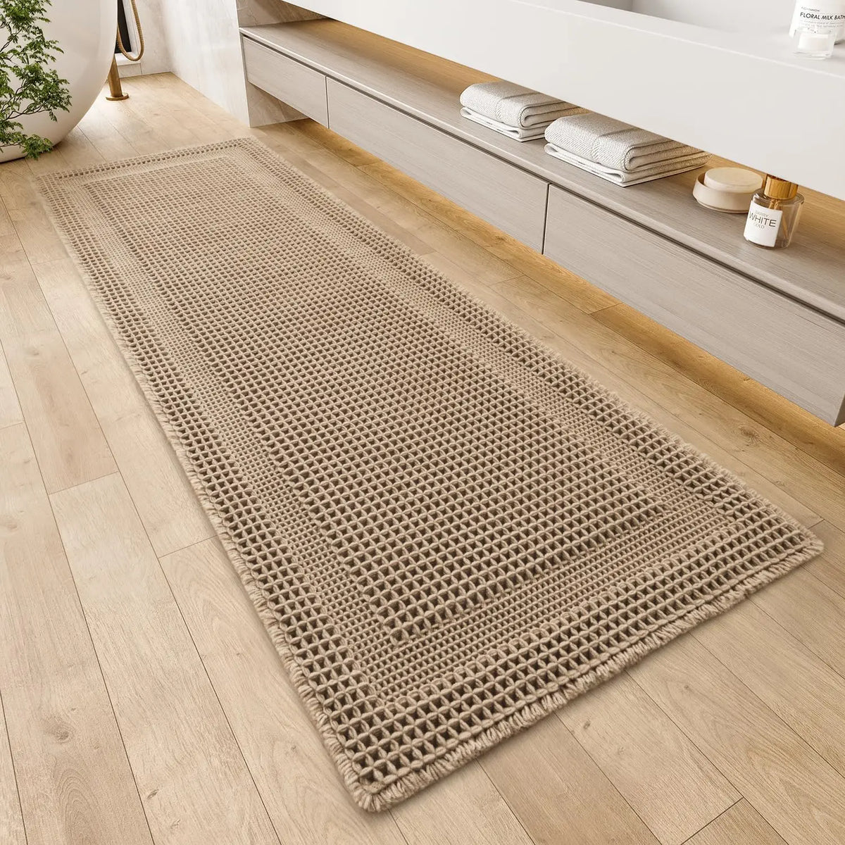 Cozy Synthetic Waffle Bath Mat - 17in x 24in Beige, Absorbent Non-Slip Modern Shower Flooring Rug, Machine Washable Ultra-Soft Boho Tasseled Bathroom Rug