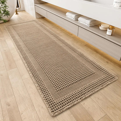 Cozy Synthetic Waffle Bath Mat - 17in x 24in Beige, Absorbent Non-Slip Modern Shower Flooring Rug, Machine Washable Ultra-Soft Boho Tasseled Bathroom Rug