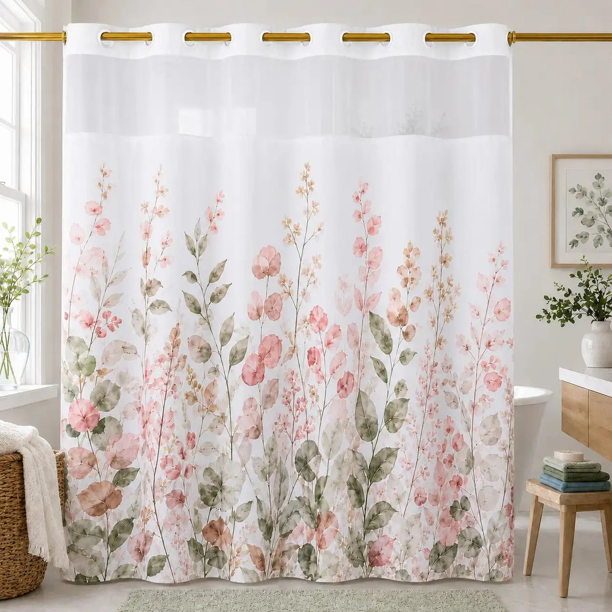 Hookless Shower Curtain Set with Snap-in Liner, Pink Double Layer Floral Botanical Design, Sheer Top Window, 72x75 Inch Waterproof Washable Bathroom Curtain,