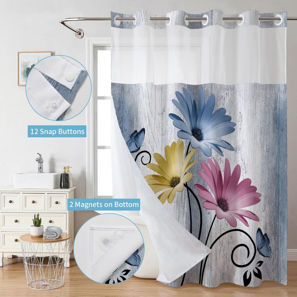 No hooks double-layer Daisy printed shower curtain, Waterproof fabric,Modern style home decoration, hotel, dormitory and bathroom accessories, 72x75in