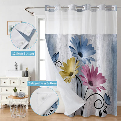 No hooks double-layer Daisy printed shower curtain, Waterproof fabric,Modern style home decoration, hotel, dormitory and bathroom accessories, 72x75in