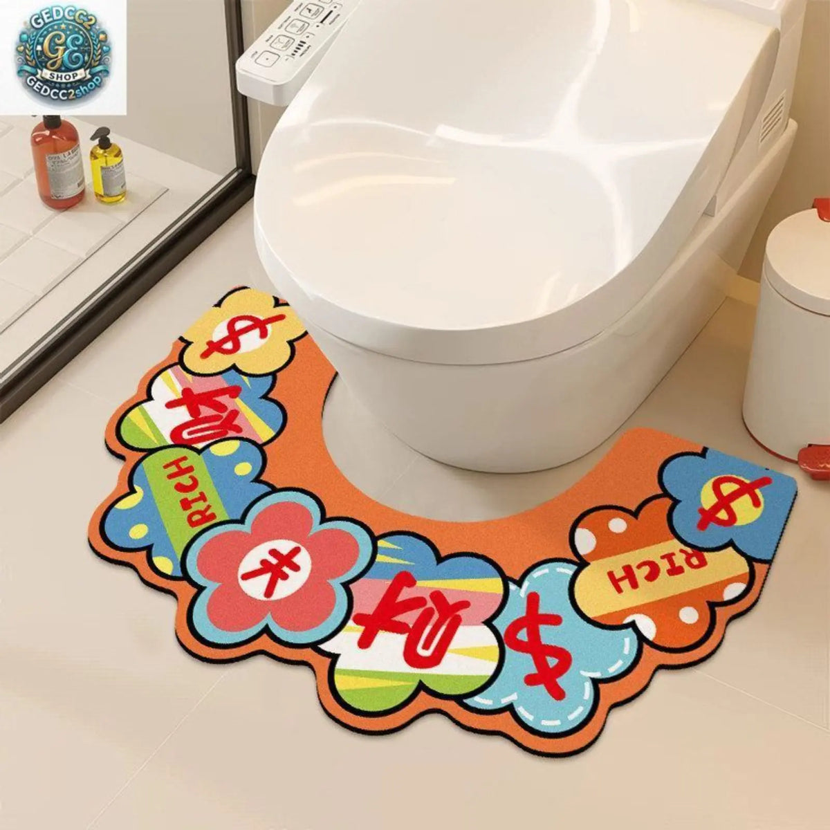 Floral U Shaped Toilet Mat, Diatomaceous Earth Bath Mat for Bathroom, Quick Dry Absorbent Floor Rug with Non Slip Backing, Decorative Toilet Floor Mat
