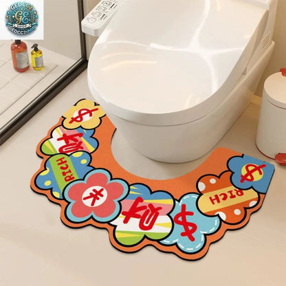 Floral U Shaped Toilet Mat, Diatomaceous Earth Bath Mat for Bathroom, Quick Dry Absorbent Floor Rug with Non Slip Backing, Decorative Toilet Floor Mat