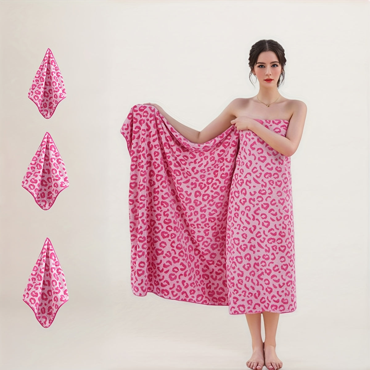 4pcs Oversized Leopard Print Bath Towel Set • Full Body Wrap, Hand Towel, and Hair Towel • 1 Ultra-Soft Coral Bath Towel 200x105cm + 3 Square Towels 35x35cm • Quick-Drying, Lint-Free, Durable • Suitable for Home, Beach, Outdoor Use • Perfect Holiday