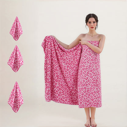 4pcs Oversized Leopard Print Bath Towel Set • Full Body Wrap, Hand Towel, and Hair Towel • 1 Ultra-Soft Coral Bath Towel 200x105cm + 3 Square Towels 35x35cm • Quick-Drying, Lint-Free, Durable • Suitable for Home, Beach, Outdoor Use • Perfect Holiday
