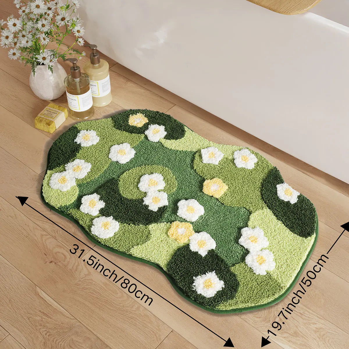 LUMI Moss Bath Mat Ultra Thick Soft Green Bathroom Rug 20x32 Daisy Pattern Non Slip Microfiber Absorbent for Shower Floor Sink Bedroom Home Decor