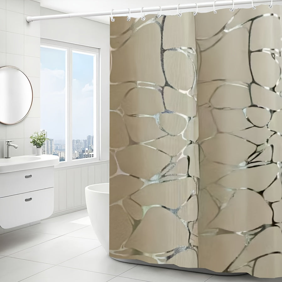 1pc Veined Silvery-Toned Bath Curtain with Matching Hooks, Bathroom Decorative Shower Curtain