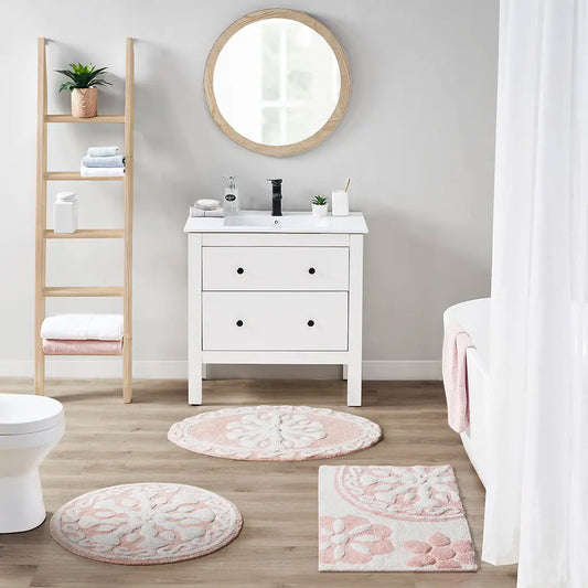 Cotton Tufted Bath Rug with Medallion Design, Plush Absorbent Bathroom Mat for Tub Shower Vanity, Machine Washable, Non-Slip Backing Recommended, 20x30 Inches, Pink