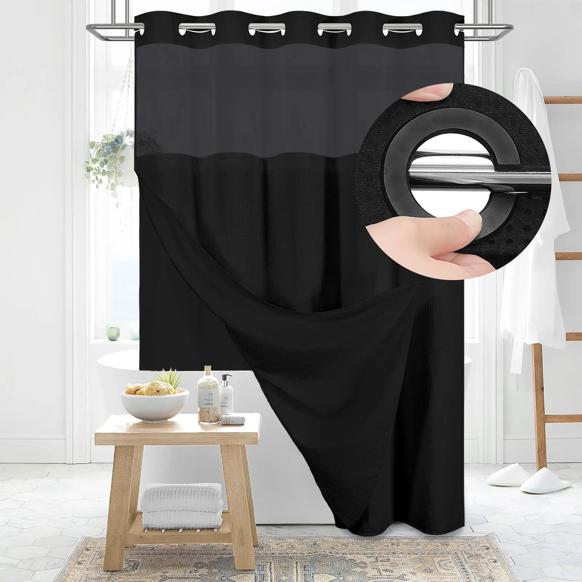 DYNAMENE Premium No-Hook Washable Waffle Weave Shower Curtain Set, Heavy-Duty Double Layer with Snap-In Detachable Waterproof Liner & Mesh Window, Contemporary Matte Finish Bathroom Accessory for Hotel-Inspired Bathroom Look