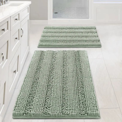 Minimal Aesthetic Striped Chenille Bathroom Rug Set - Sage Rectangle, Anti-Slip Border, Plush Extra Thick, Modern Highly Absorbent Fuzzy Bath Mats for Tub, Nonslip Home Bathroom Supplies