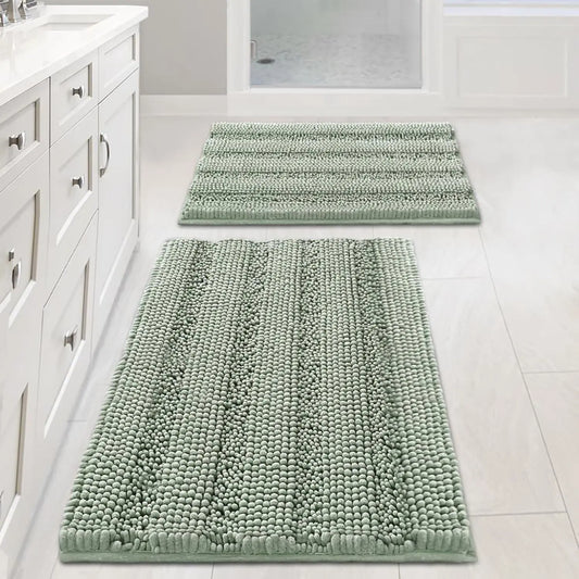 Minimal Aesthetic Striped Chenille Bathroom Rug Set - Sage Rectangle, Anti-Slip Border, Plush Extra Thick, Modern Highly Absorbent Fuzzy Bath Mats for Tub, Nonslip Home Bathroom Supplies