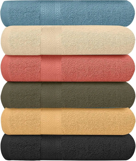 Pack of 6 Bath Towels Set 27 x 54 Inches, 100% Cotton, Larger & Lighter Weight, Quicker to Dry, Super Soft and Absorbent, Perfect for Bathroom, Spa, Pool & Gym (Multicolor, Pack of 6 (27''x54''))
