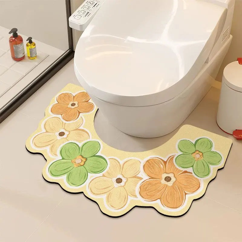 Floral U Shaped Toilet Mat, Diatomaceous Earth Bath Mat for Bathroom, Quick Dry Absorbent Floor Rug with Non Slip Backing, Decorative Toilet Floor Mat