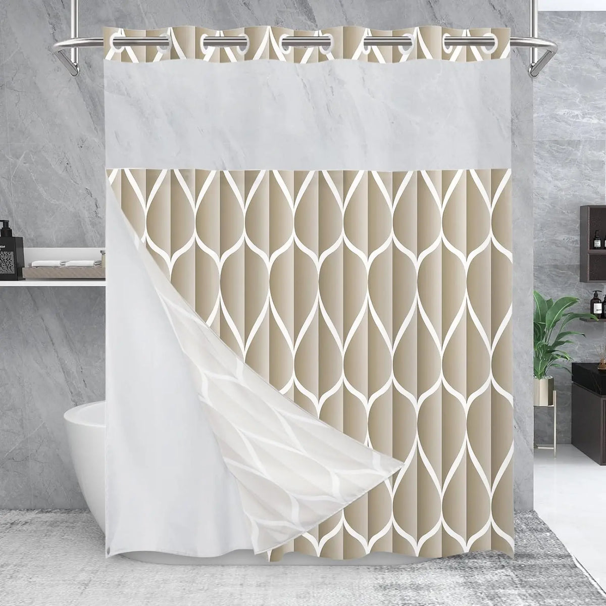 Double-Layer Waterproof Printed Machine Washable Shower Curtain, 1-Count Modern Geometric Bathroom Curtain with Removable Inner Lining, Shower Curtain Liner, Bathroom Decor Supplies, Home Goods, Bathroom Curtains Shower