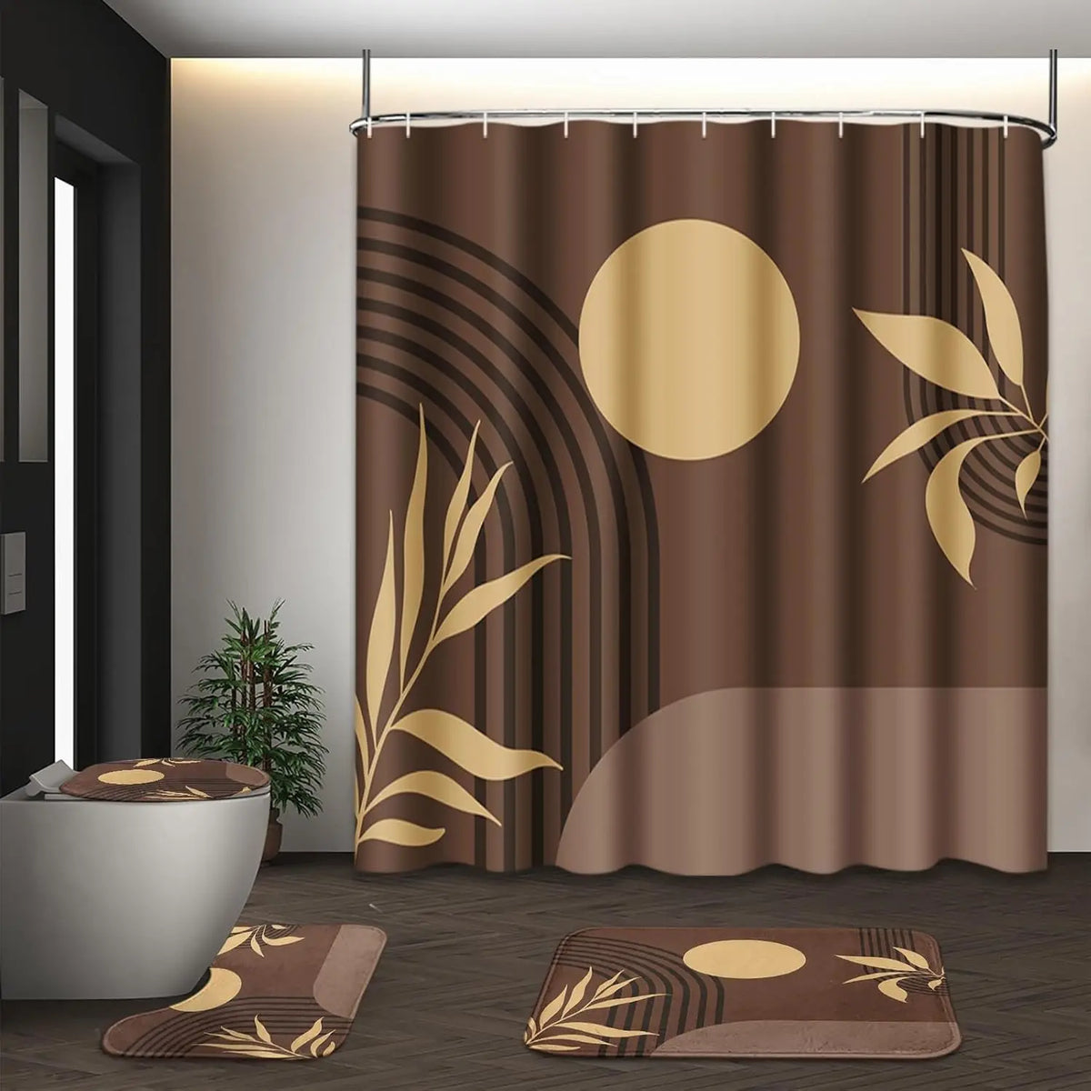 Boho Mid Century Shower Curtain Set with Toilet Lid Cover and Non-Slip Rugs, Abstract Geometric Modern Minimalist Shower Curtain for Bathroom Set with 12 Hooks