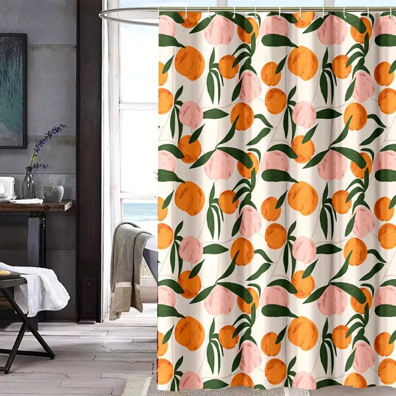 Peach & Orange Fruit Print Shower Curtain Cute with Hooks, Boho Summer Bathroom Decor, Summer Shower Curtains for Bathroom, Aesthetic Pretty Decorative Shower Curtain, Waterproof & Washable, 72 x 72 Inch