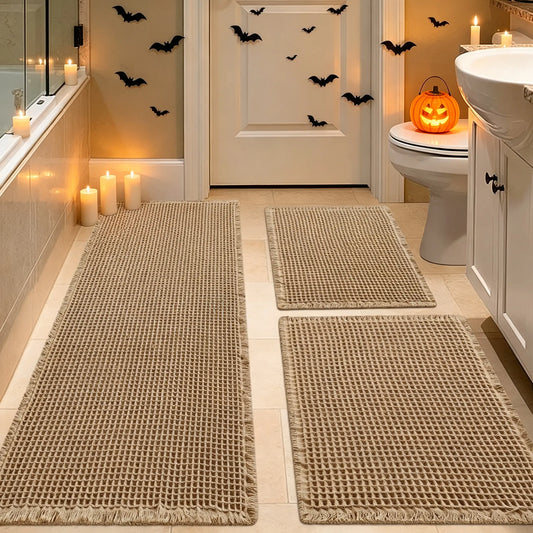 IM HOME Waffle Bath Mat Rugs 1/2/3 Piece, Boho Woven Modern Carpet, Absorbent Bathroom Rugs, Soft Washable Bath Rugs with Tassels for Bathroom, Bedroom, Kitchen, Shower, Tub,Halloween