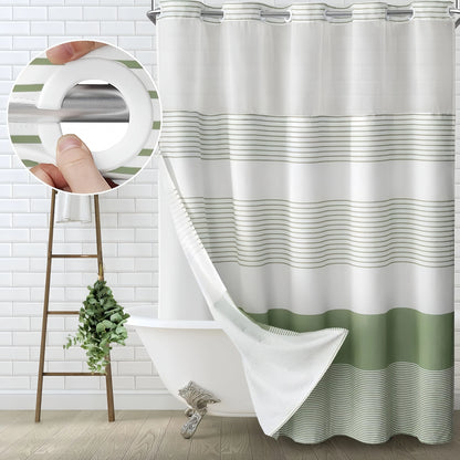 Striped Geometric Double-Layer No Hook Shower Curtain, Mesh Top Window, Hook-Free Design, Easy Installation, Farmhouse, Hotel, Modern Home Decoration, 72x75in