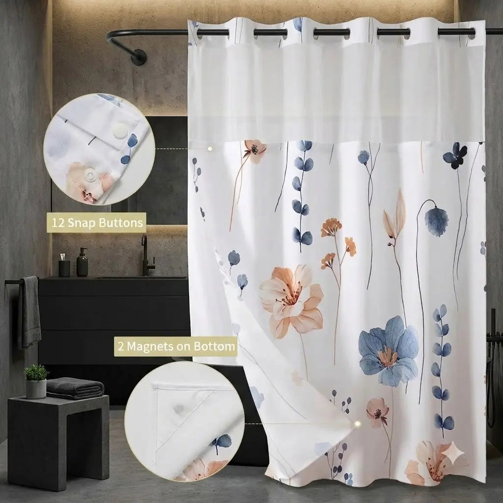 72x75 Inch No Hook Shower  with Liner, Watercolor Floral Country Style Fabric Bath  with Mesh Window