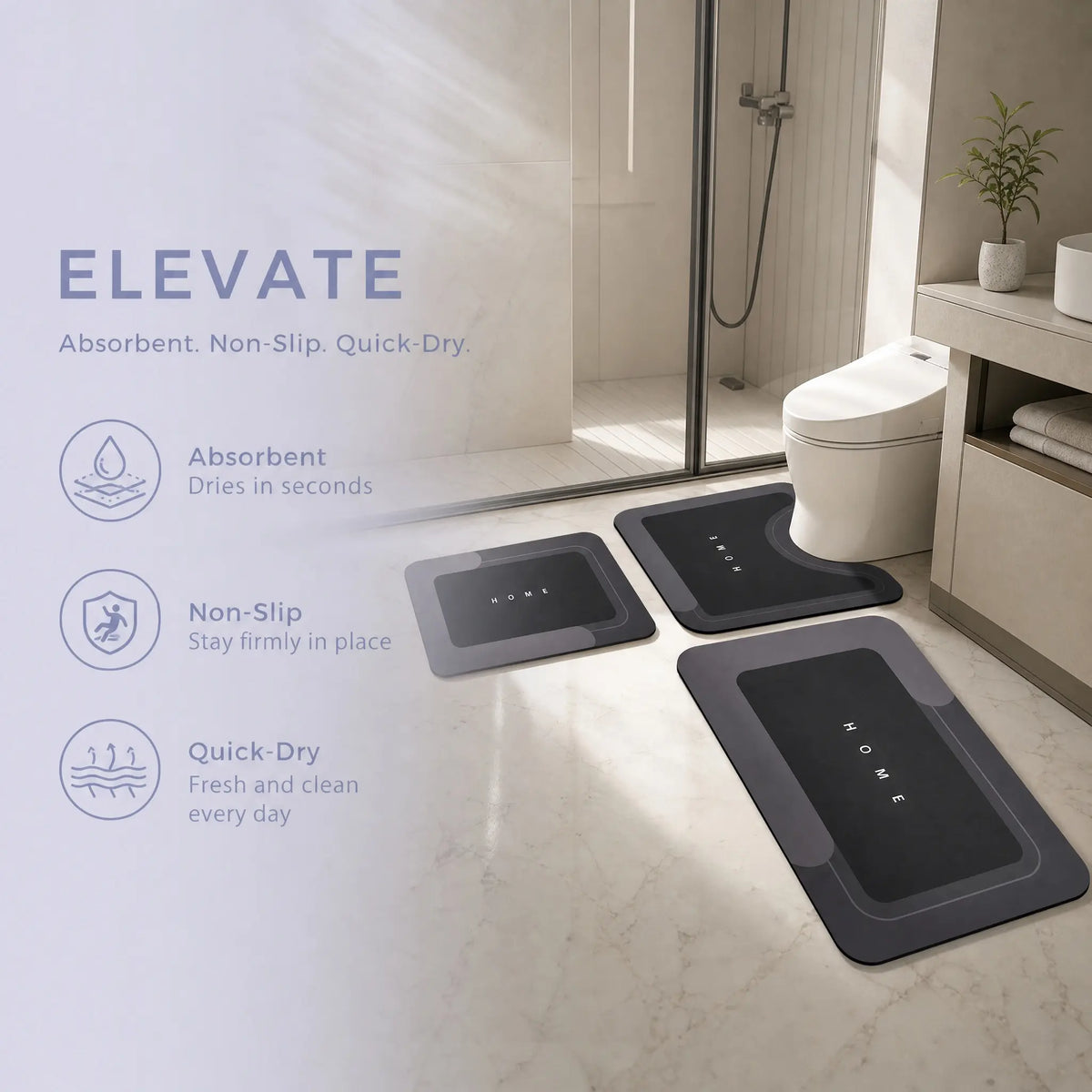 Home Supplies 3-Pack Natural Diatomite Bath Mats, Thin Frame, Low-Profile Anti-Skid, Soft, Absorbent, Fast Drying, Stain-Resistant, Machine Washable, Non-Slip Rubber Backing for Bathroom & Kitchen, Minimalist, Classic