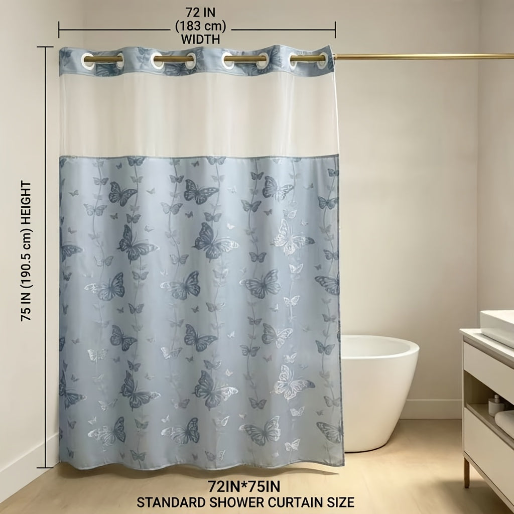 YRZTRK Blue Flocked Butterfly Shower Curtain with Mesh Top Window - No Hook Design Suitable for Bath, Double-Layer Flocked Bathroom Curtain, Machine Washable Window Panel for, Modern Farmhouse Decor for Bathtub Enclosure