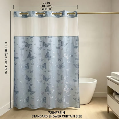 YRZTRK Blue Flocked Butterfly Shower Curtain with Mesh Top Window - No Hook Design Suitable for Bath, Double-Layer Flocked Bathroom Curtain, Machine Washable Window Panel for, Modern Farmhouse Decor for Bathtub Enclosure