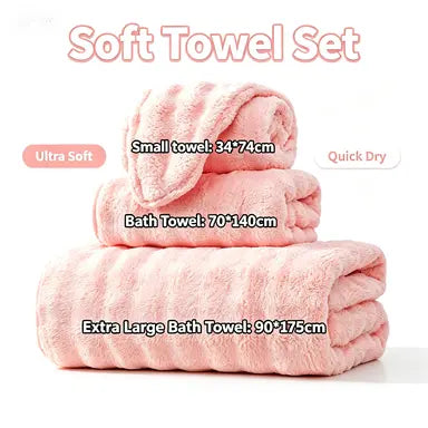 Towel set (face towel + bath towel + beach towel), 3-piece pink bath towel set, soft and skin-friendly, quick-drying with strong water absorption, for women’s daily post-bath body drying, bathroom essentials, a must-have for the home—sharing life’s little